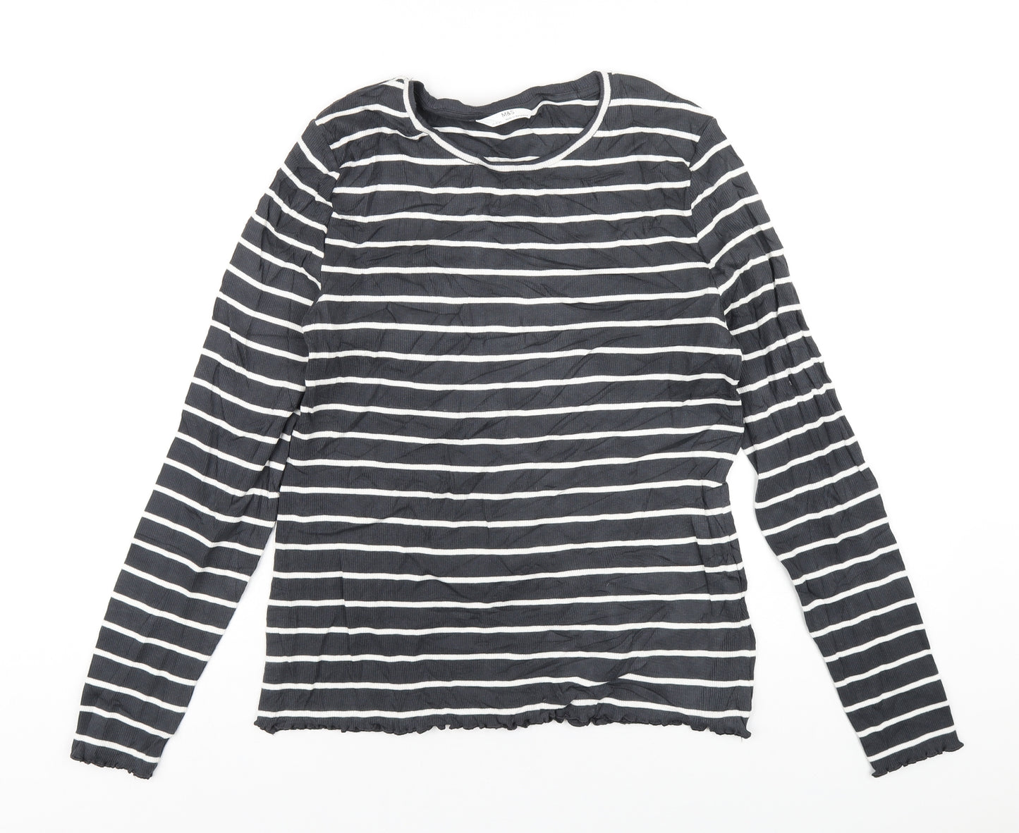 Marks and Spencer Girls Grey Striped Cotton Basic T-Shirt Size 15-16 Years Round Neck Pullover