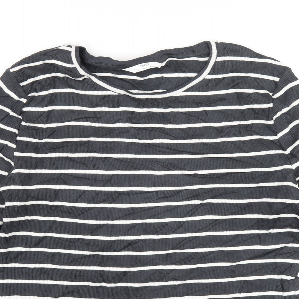 Marks and Spencer Girls Grey Striped Cotton Basic T-Shirt Size 15-16 Years Round Neck Pullover