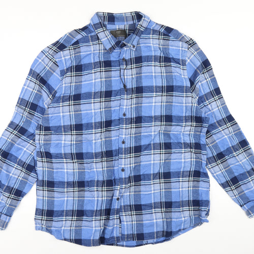 Marks and Spencer Mens Blue Plaid Cotton Button-Up Size 2XL Collared Button