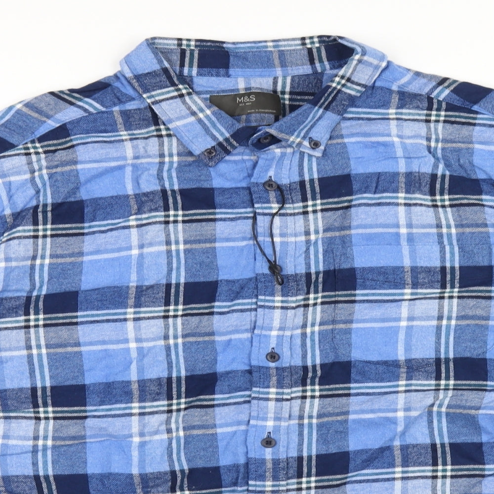 Marks and Spencer Mens Blue Plaid Cotton Button-Up Size 2XL Collared Button