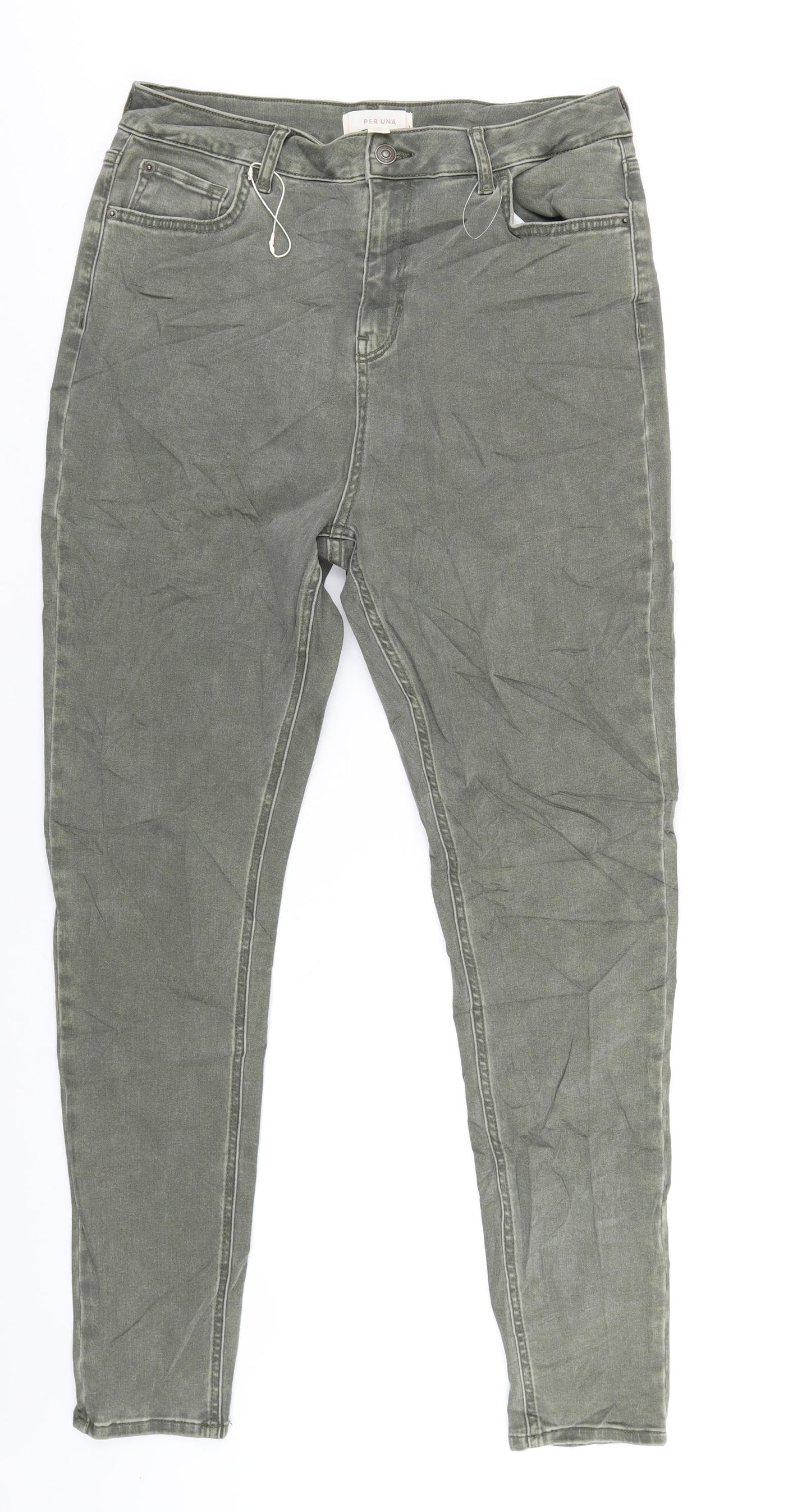 Per Una Womens Green Cotton Skinny Jeans Size 14 L30 in Regular Zip