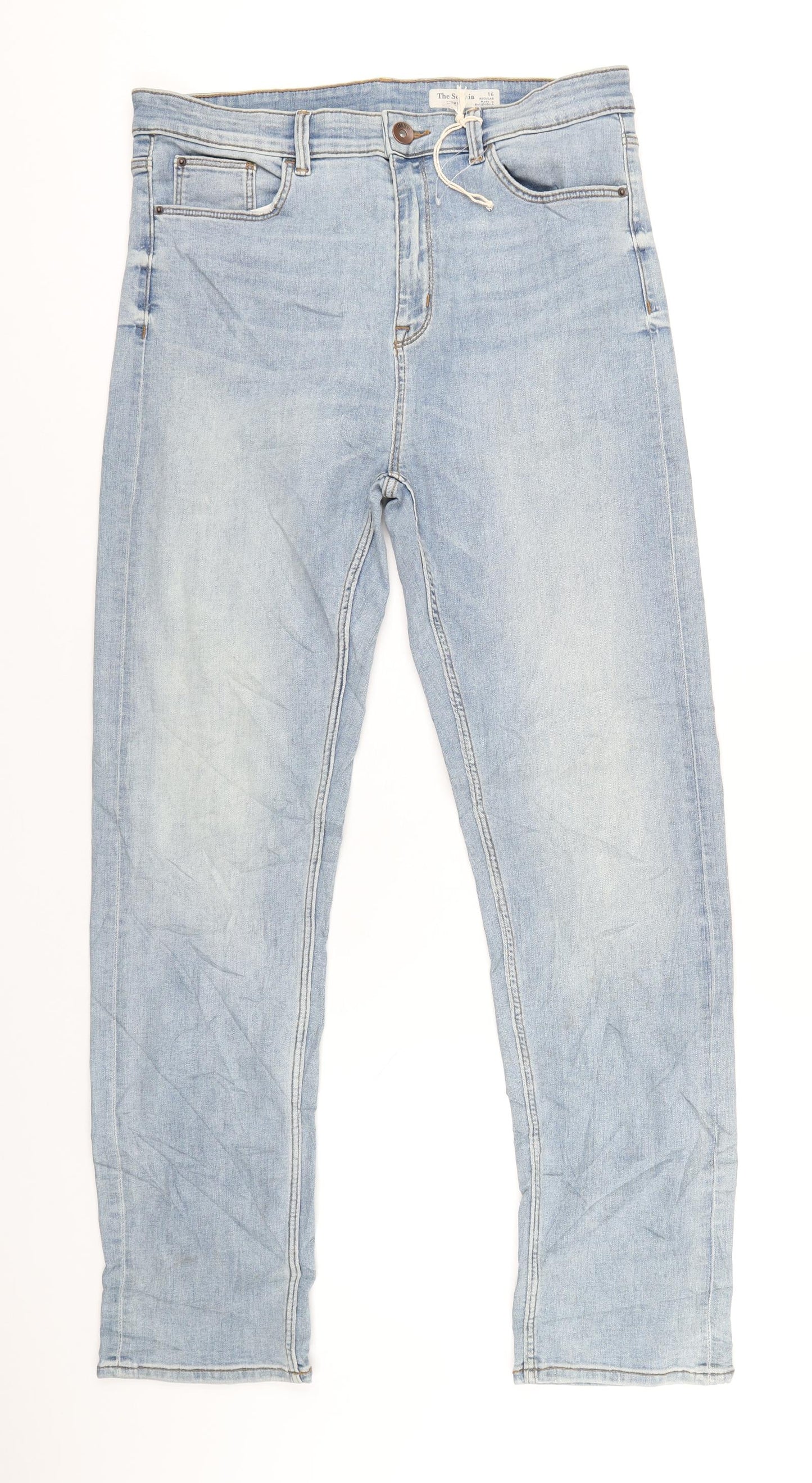 Marks and Spencer Womens Blue Cotton Straight Jeans Size 16 L32 in Regular Zip