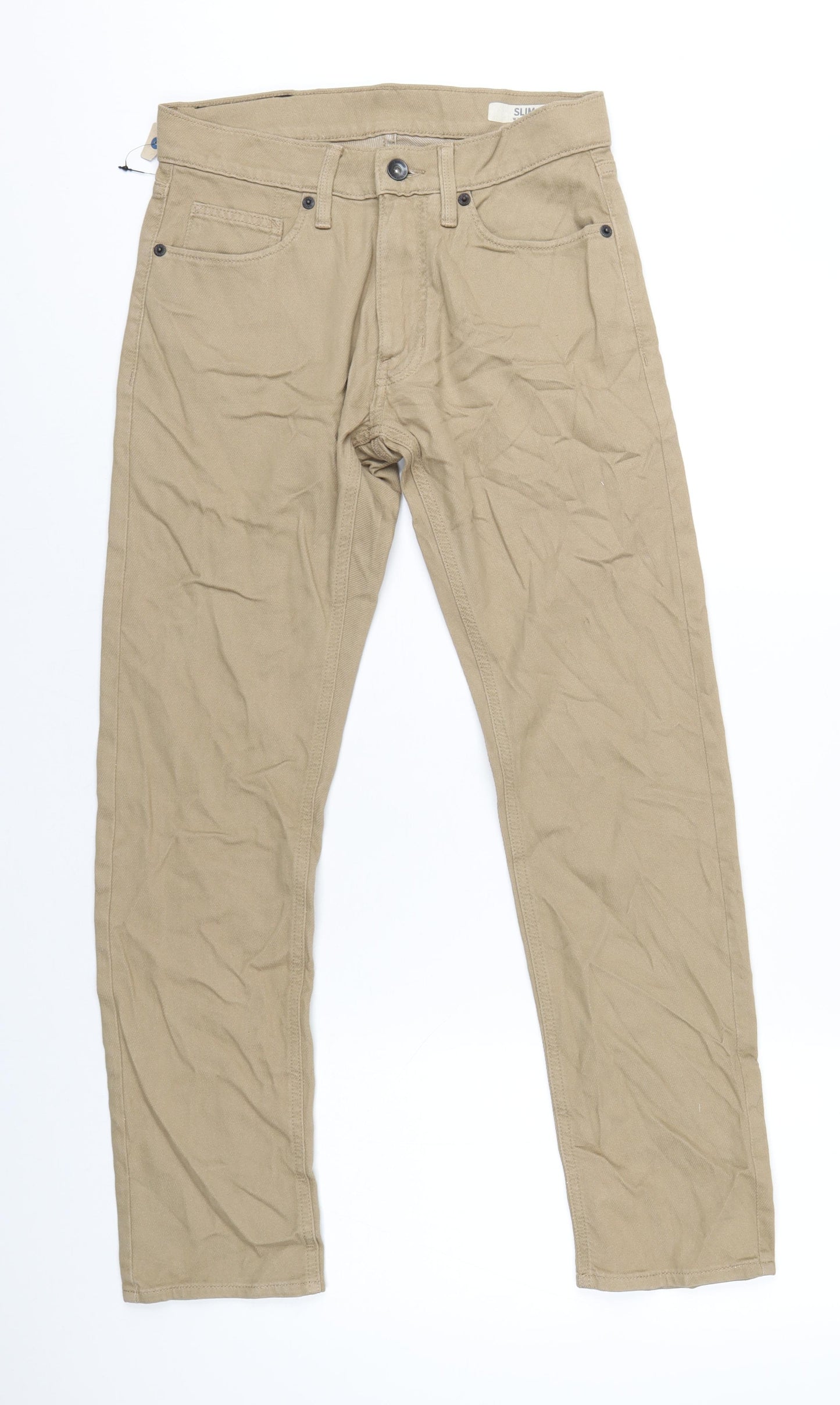 Marks and Spencer Mens Beige Cotton Trousers Size 28 in L29 in Slim Zip