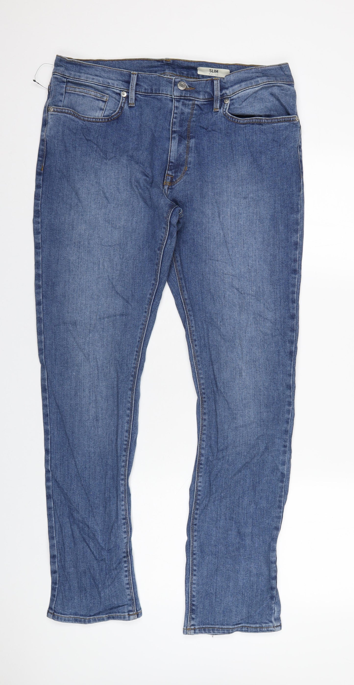 Marks and Spencer Mens Blue Cotton Straight Jeans Size 34 in L31 in Slim Zip