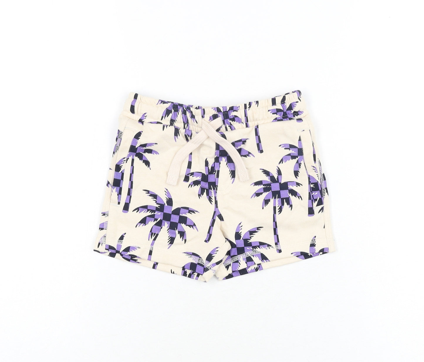 Marks and Spencer Boys Ivory Geometric Cotton Sweat Shorts Size 2-3 Years Regular Drawstring - Palm Tree Print