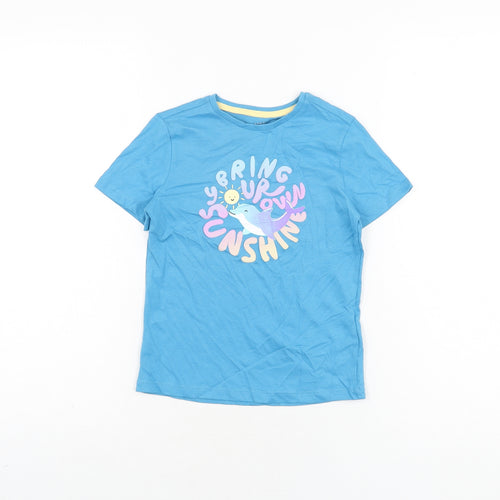 Marks and Spencer Girls Blue Cotton Basic T-Shirt Size 5-6 Years Round Neck Pullover - Dolphin, Bring Your Own Sunshine