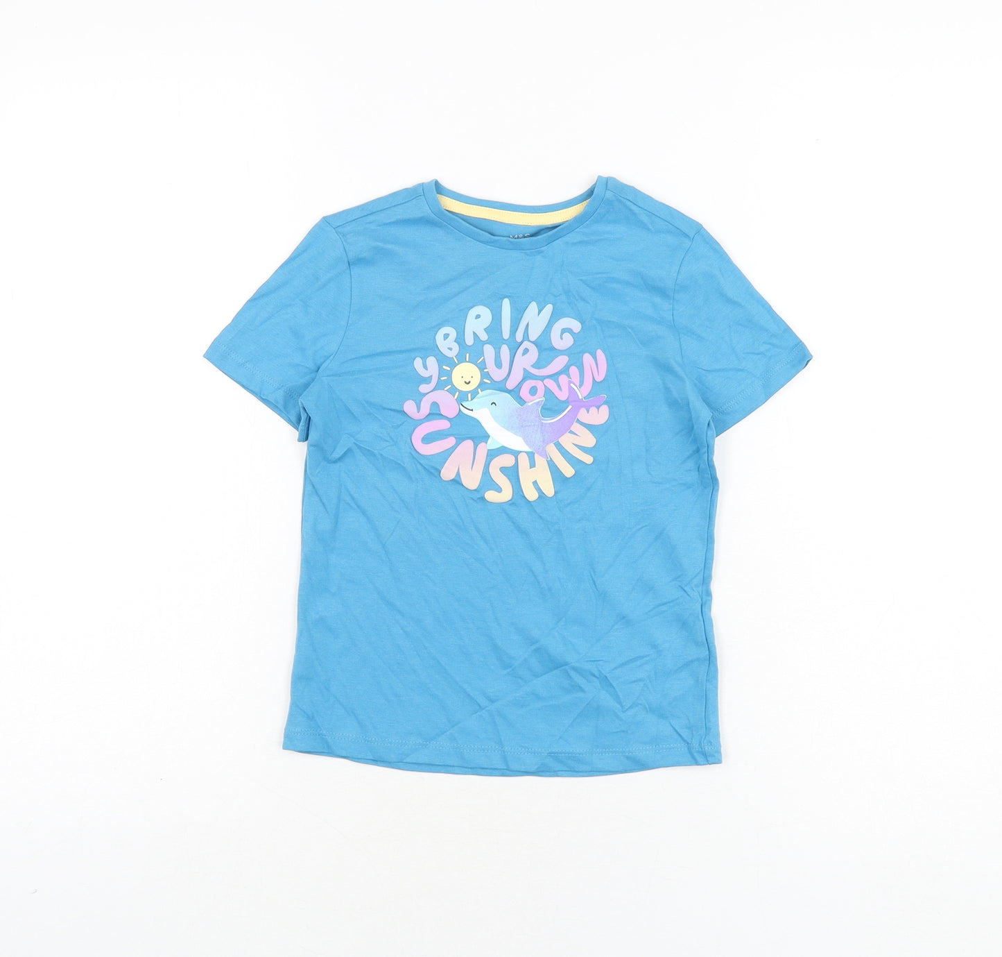 Marks and Spencer Girls Blue Cotton Basic T-Shirt Size 5-6 Years Round Neck Pullover - Dolphin, Bring Your Own Sunshine