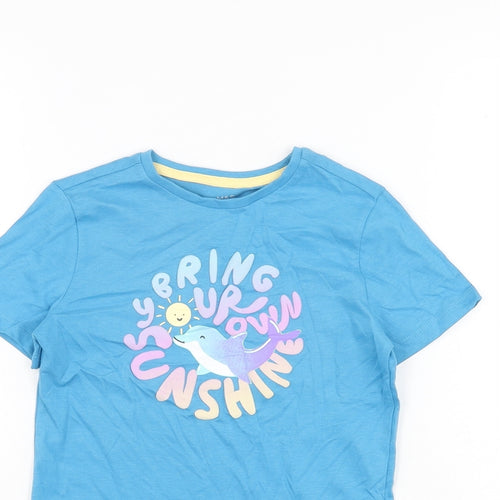 Marks and Spencer Girls Blue Cotton Basic T-Shirt Size 5-6 Years Round Neck Pullover - Dolphin, Bring Your Own Sunshine