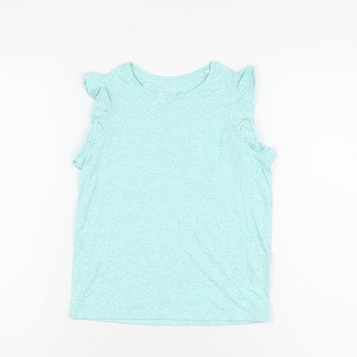 Marks and Spencer Girls Blue Polyester Basic T-Shirt Size 5-6 Years Round Neck Pullover