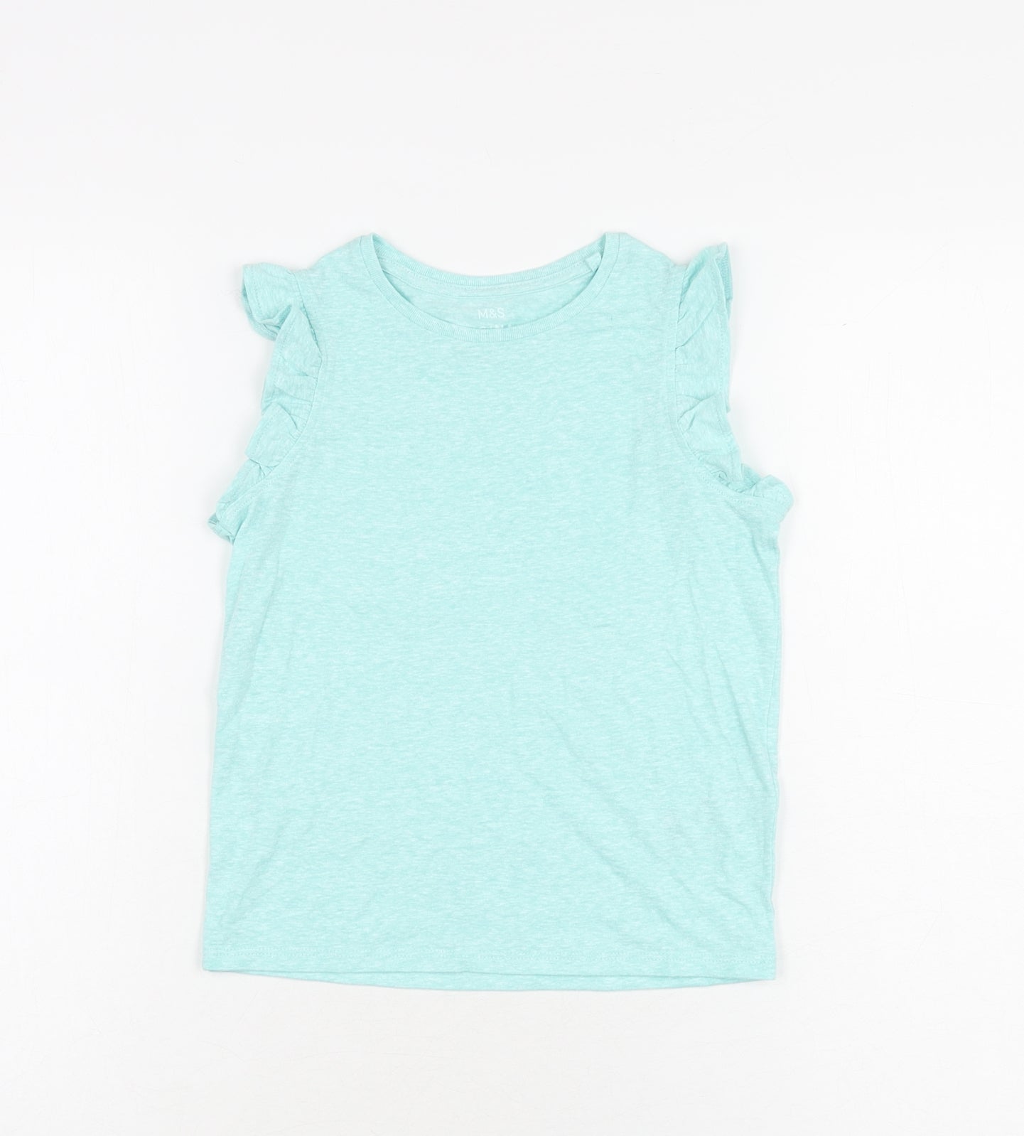 Marks and Spencer Girls Blue Polyester Basic T-Shirt Size 5-6 Years Round Neck Pullover