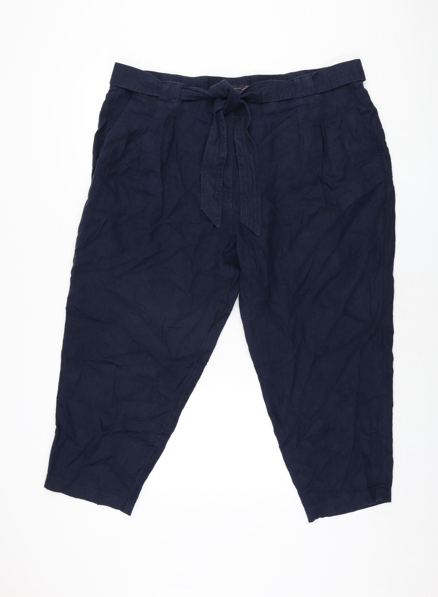 Marks and Spencer Womens Blue Linen Trousers Size 22 L24.5 in Regular Zip - Belted