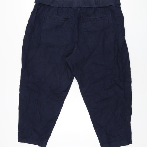 Marks and Spencer Womens Blue Linen Trousers Size 22 L24.5 in Regular Zip - Belted