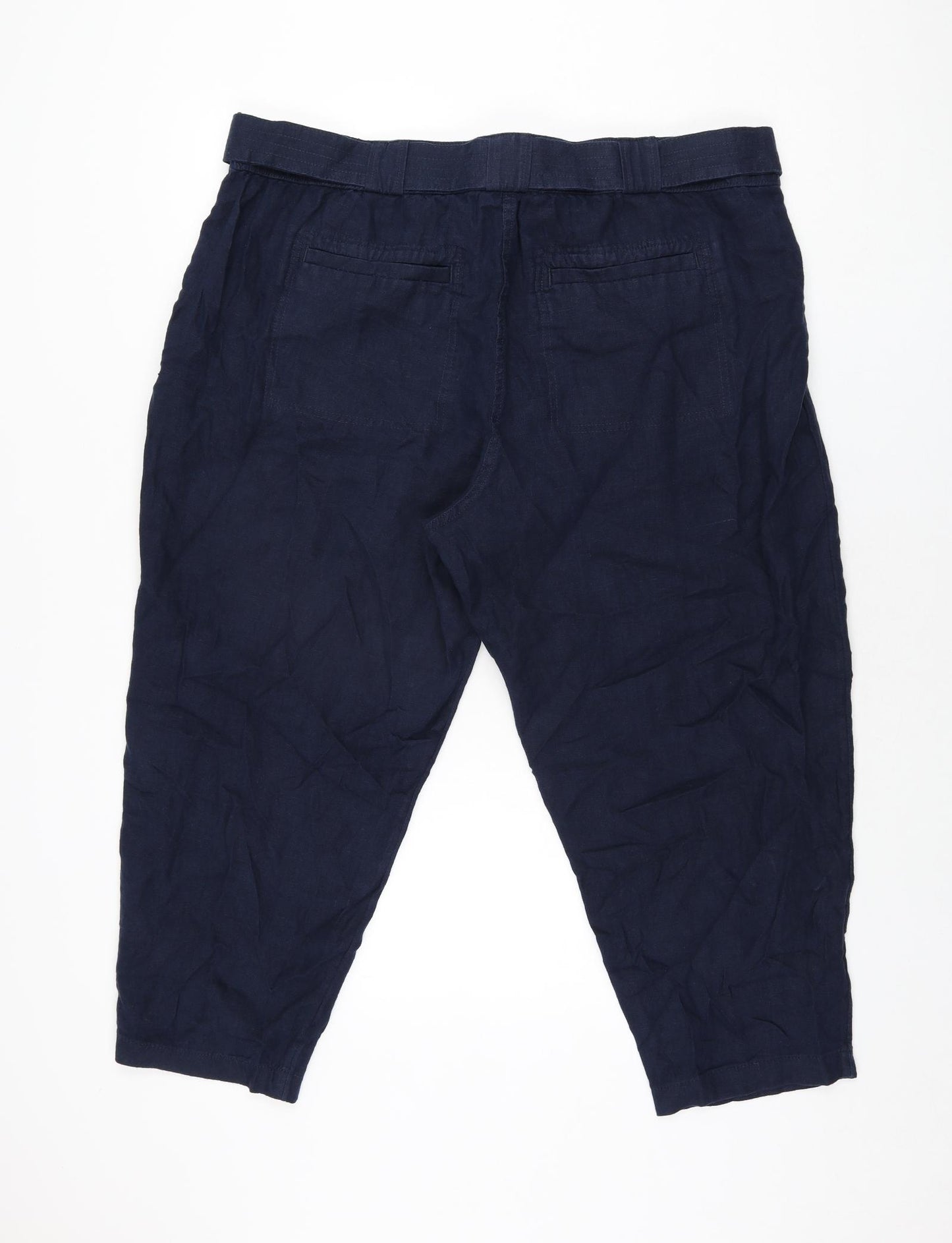 Marks and Spencer Womens Blue Linen Trousers Size 22 L24.5 in Regular Zip - Belted
