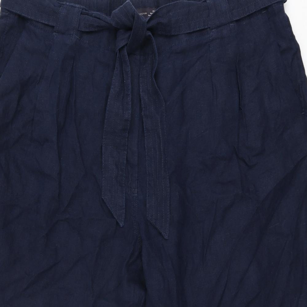 Marks and Spencer Womens Blue Linen Trousers Size 22 L24.5 in Regular Zip - Belted