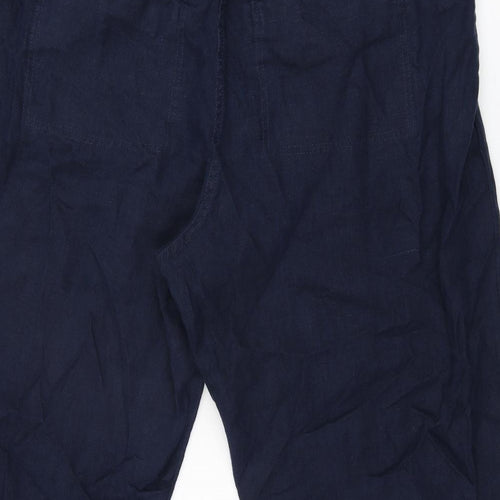 Marks and Spencer Womens Blue Linen Trousers Size 22 L24.5 in Regular Zip - Belted