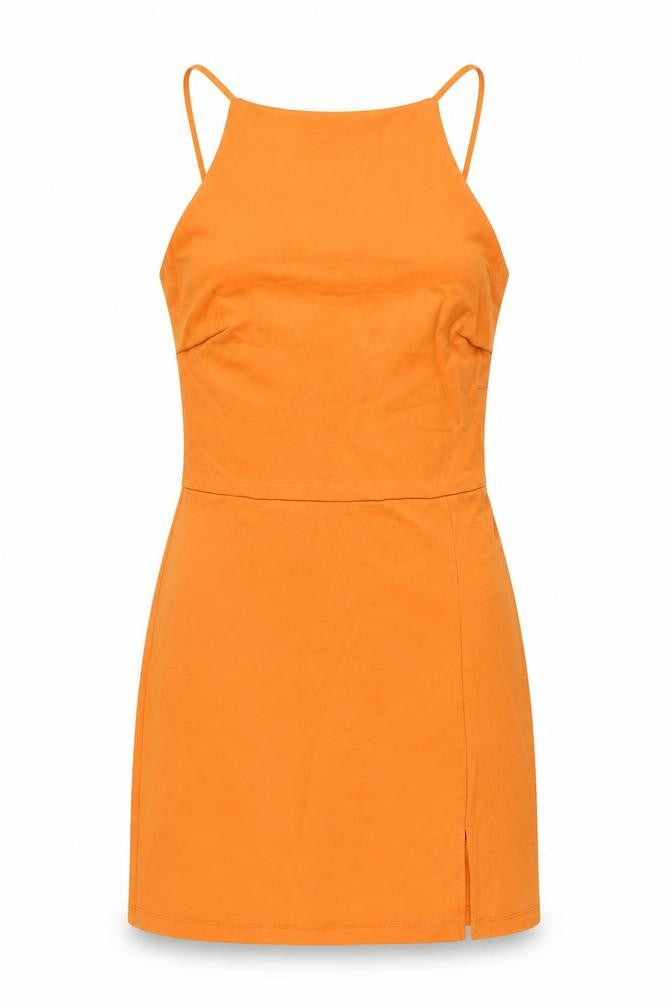 Front view of Stradivarius women’s orange polyester mini, size S, square neck pullover
