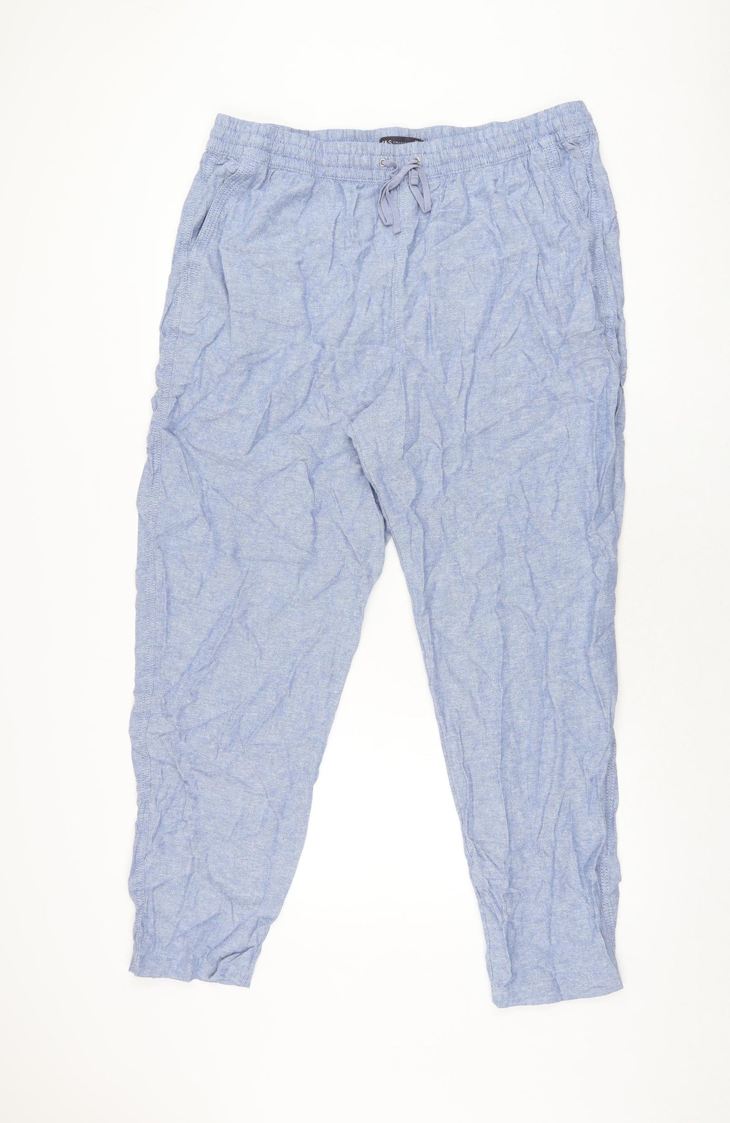 Marks and Spencer Womens Blue Linen Trousers Size 20 L30 in Regular Drawstring