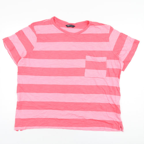 Marks and Spencer Womens Pink Striped Cotton Basic T-Shirt Size 22 Round Neck