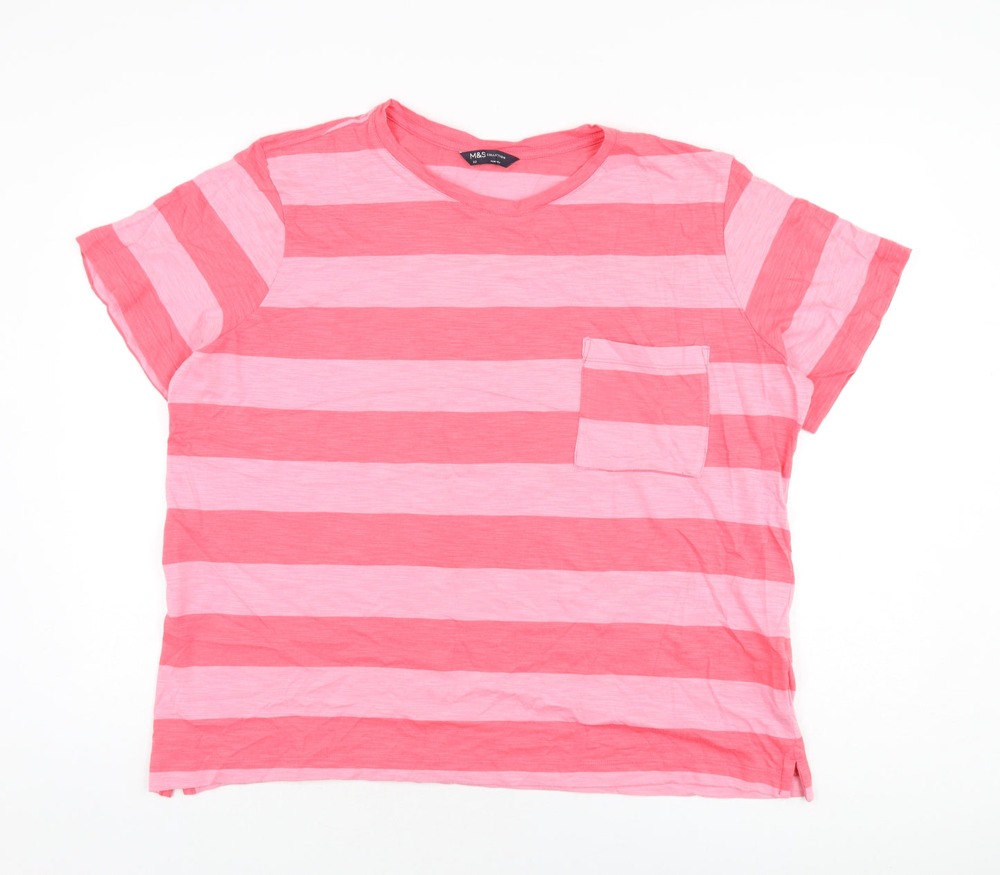 Marks and Spencer Womens Pink Striped Cotton Basic T-Shirt Size 22 Round Neck
