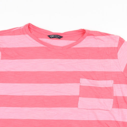 Marks and Spencer Womens Pink Striped Cotton Basic T-Shirt Size 22 Round Neck