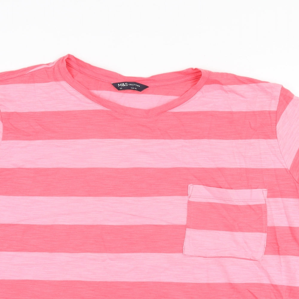 Marks and Spencer Womens Pink Striped Cotton Basic T-Shirt Size 22 Round Neck