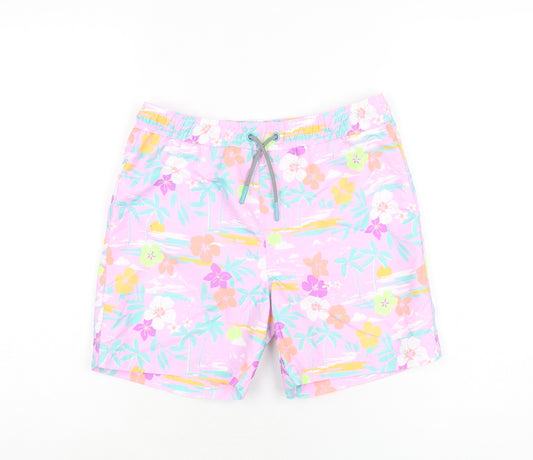 Marks and Spencer Boys Purple Floral Polyester Bermuda Shorts Size 10-11 Years Regular Drawstring - Swim Short