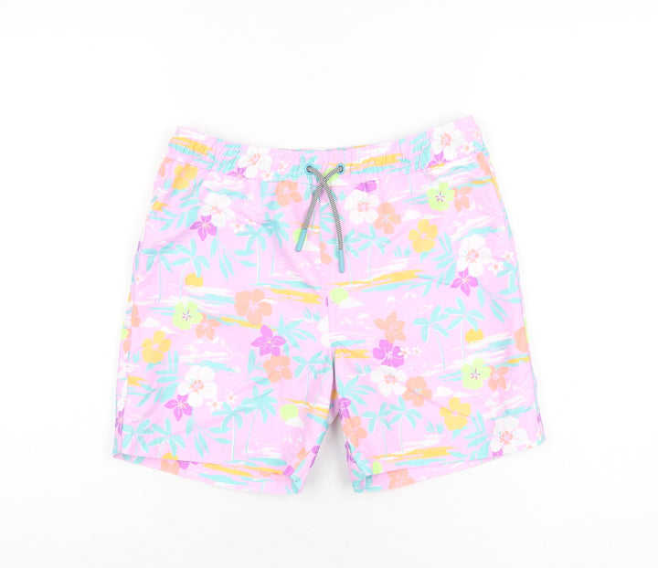 Marks and Spencer Boys Purple Floral Polyester Bermuda Shorts Size 10-11 Years Regular Drawstring - Swim Short