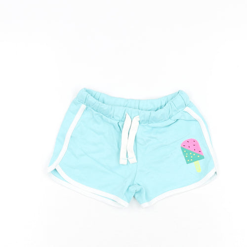 Marks and Spencer Girls Blue Cotton Sweat Shorts Size 4-5 Years Regular Drawstring - Ice Lolly
