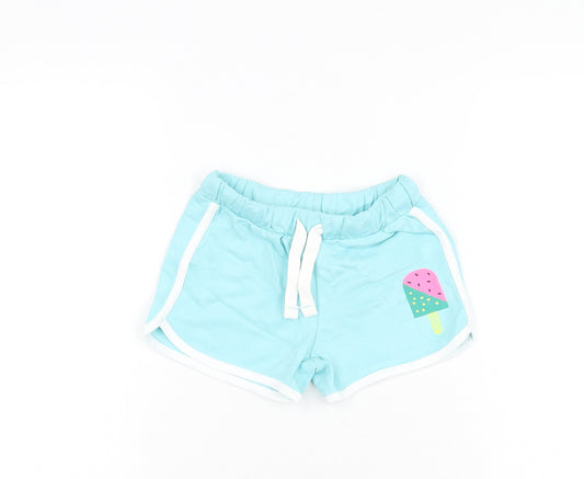 Marks and Spencer Girls Blue Cotton Sweat Shorts Size 4-5 Years Regular Drawstring - Ice Lolly