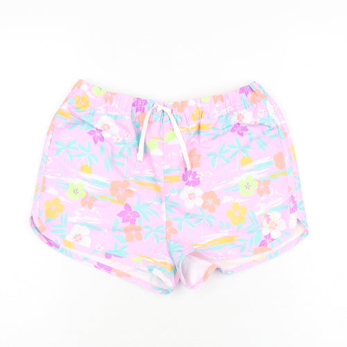 Marks and Spencer Girls Purple Floral Polyester Bermuda Shorts Size 11-12 Years Regular Drawstring - Swim Short