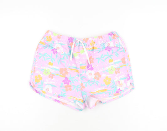 Marks and Spencer Girls Purple Floral Polyester Bermuda Shorts Size 11-12 Years Regular Drawstring - Swim Short