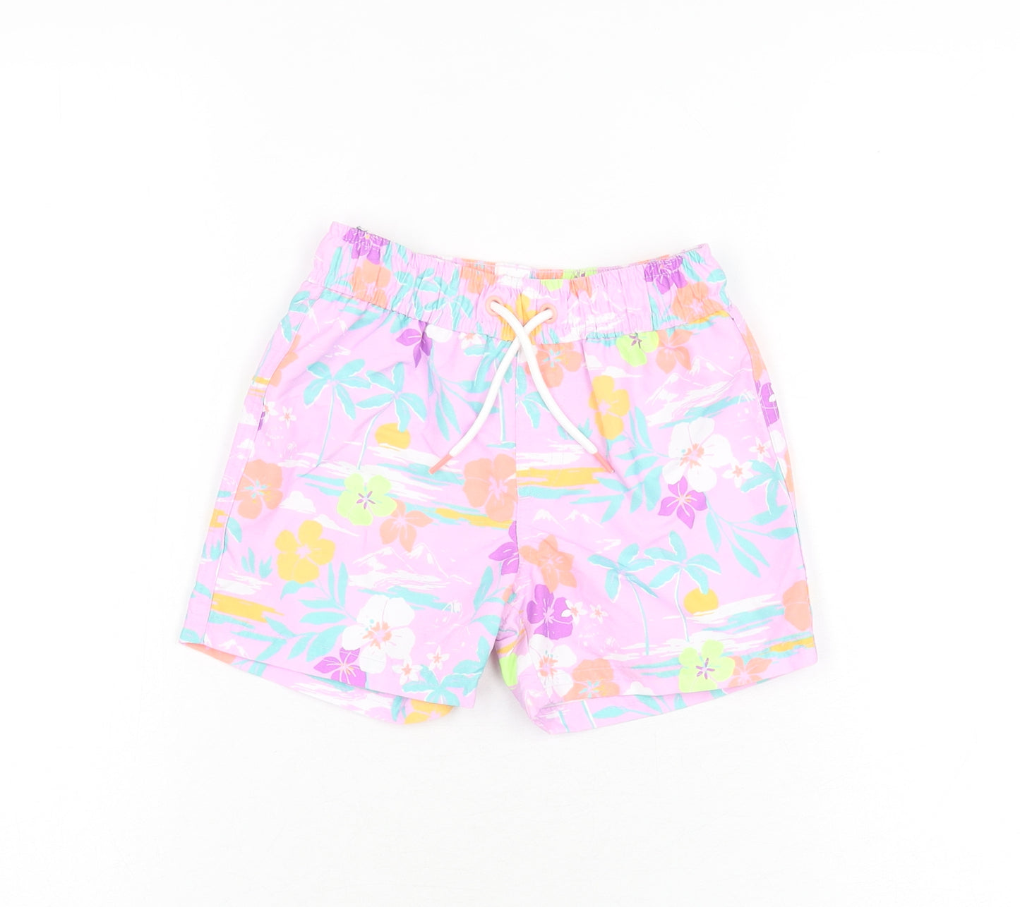 Marks and Spencer Boys Purple Floral Polyester Bermuda Shorts Size 2-3 Years Regular Drawstring - Swim Short