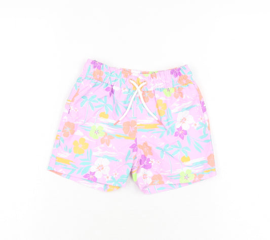 Marks and Spencer Boys Purple Floral Polyester Bermuda Shorts Size 2-3 Years Regular Drawstring - Swim Short