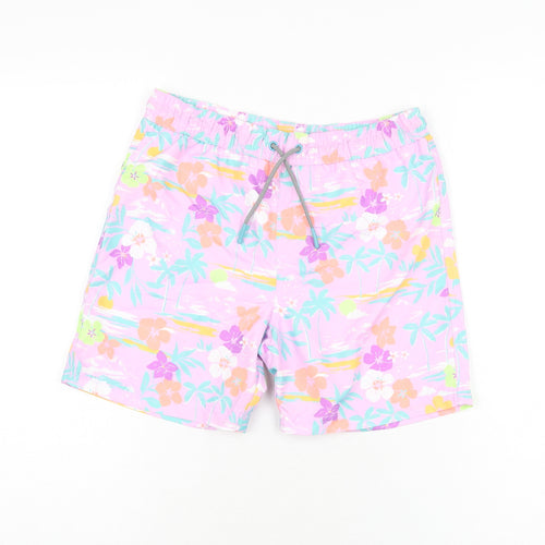 Marks and Spencer Boys Purple Floral Polyester Bermuda Shorts Size 10-11 Years Regular Drawstring - Swim Short