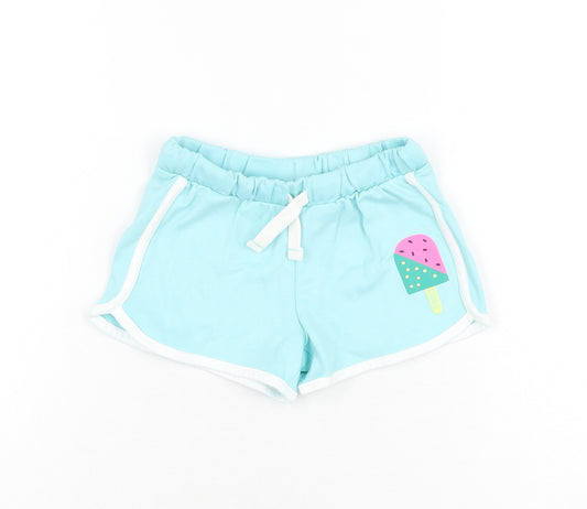 Marks and Spencer Girls Blue Cotton Sweat Shorts Size 4-5 Years Regular Drawstring - Ice Lolly