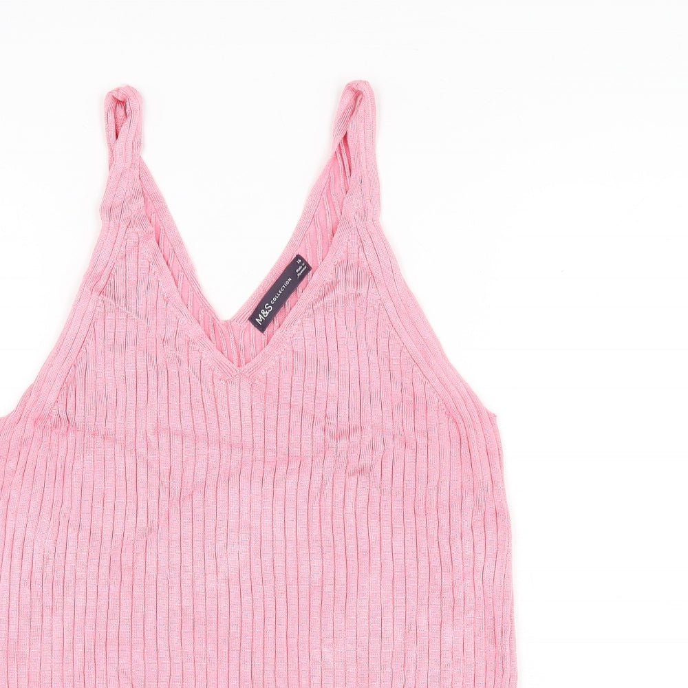 Marks and Spencer Womens Pink Viscose Basic T-Shirt Size 16 V-Neck