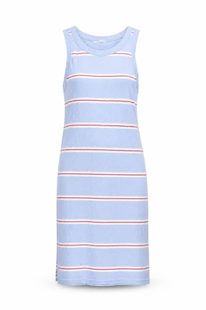Front view of Marks & Spencer women’s blue striped cotton bodycon, size S, round neck pullover