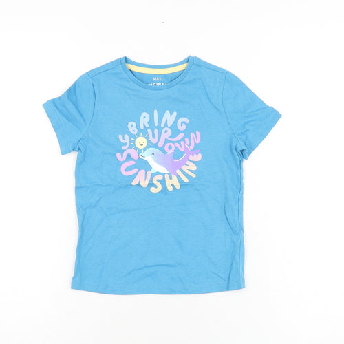 Marks and Spencer Girls Blue Cotton Basic T-Shirt Size 4-5 Years Round Neck Pullover - Dolphin, Bring Your Own Sunshine