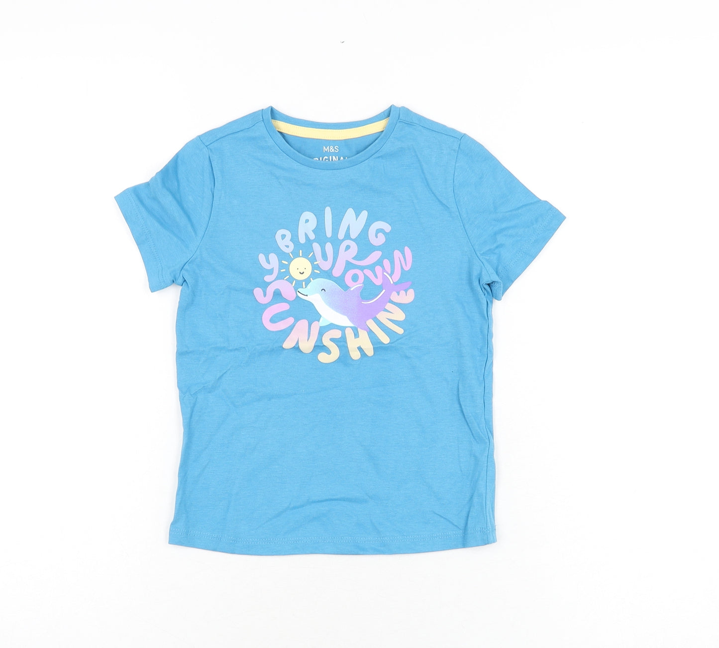 Marks and Spencer Girls Blue Cotton Basic T-Shirt Size 4-5 Years Round Neck Pullover - Dolphin, Bring Your Own Sunshine