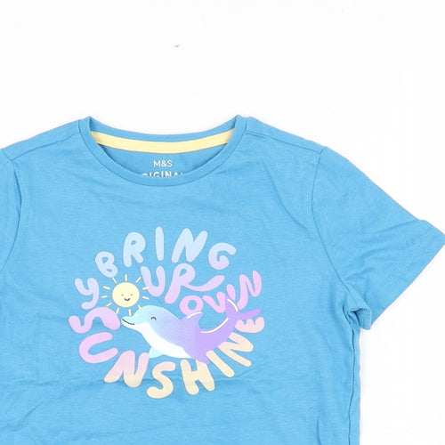 Marks and Spencer Girls Blue Cotton Basic T-Shirt Size 4-5 Years Round Neck Pullover - Dolphin, Bring Your Own Sunshine