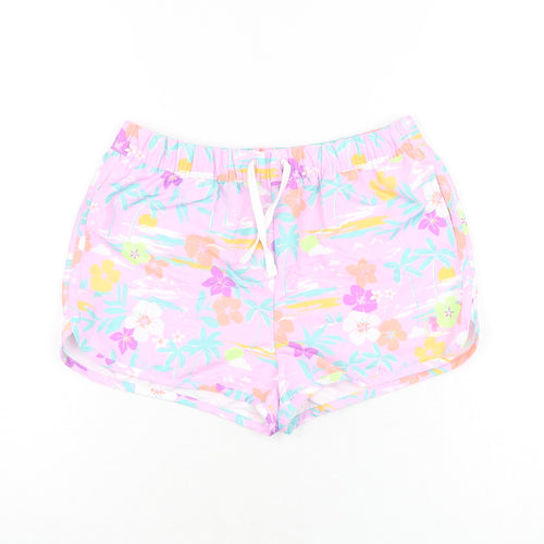 Marks and Spencer Girls Purple Floral Polyester Bermuda Shorts Size 11-12 Years Regular Drawstring - Swim Short
