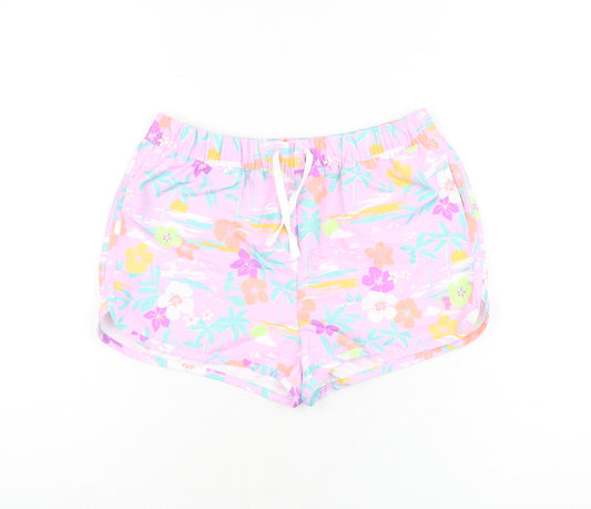 Marks and Spencer Girls Purple Floral Polyester Bermuda Shorts Size 11-12 Years Regular Drawstring - Swim Short
