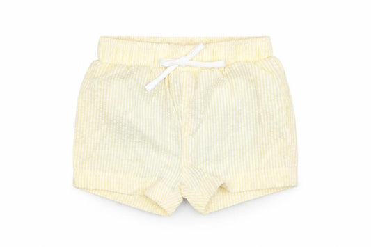 Front view of Marks & Spencer boys’ yellow striped polyester shorts outfit/set, size 0-3, months drawstring - swim short