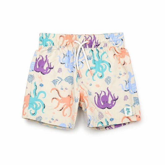 Front view of Marks & Spencer boys’ beige geometric polyester shorts outfit/set, months drawstring - swim short, octopus