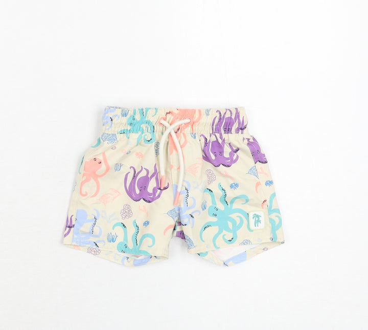 Marks and Spencer Boys Beige Geometric Polyester Shorts Outfit/Set Size 3-6 Months Drawstring - Swim Short, Octopus Print
