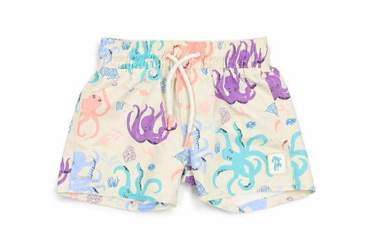 Front view of Marks & Spencer boys’ beige geometric polyester shorts outfit/set, months drawstring - swim short, octopus
