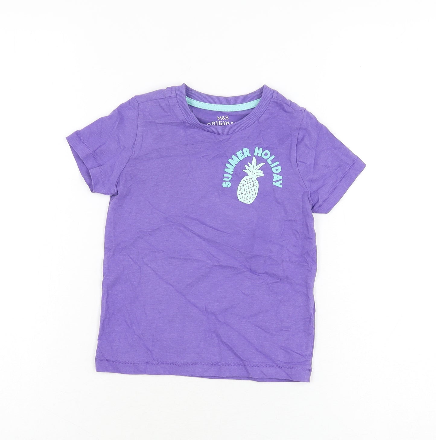 Marks and Spencer Girls Purple Cotton Basic T-Shirt Size 3-4 Years Round Neck Pullover - Summer Holiday, Pineapple