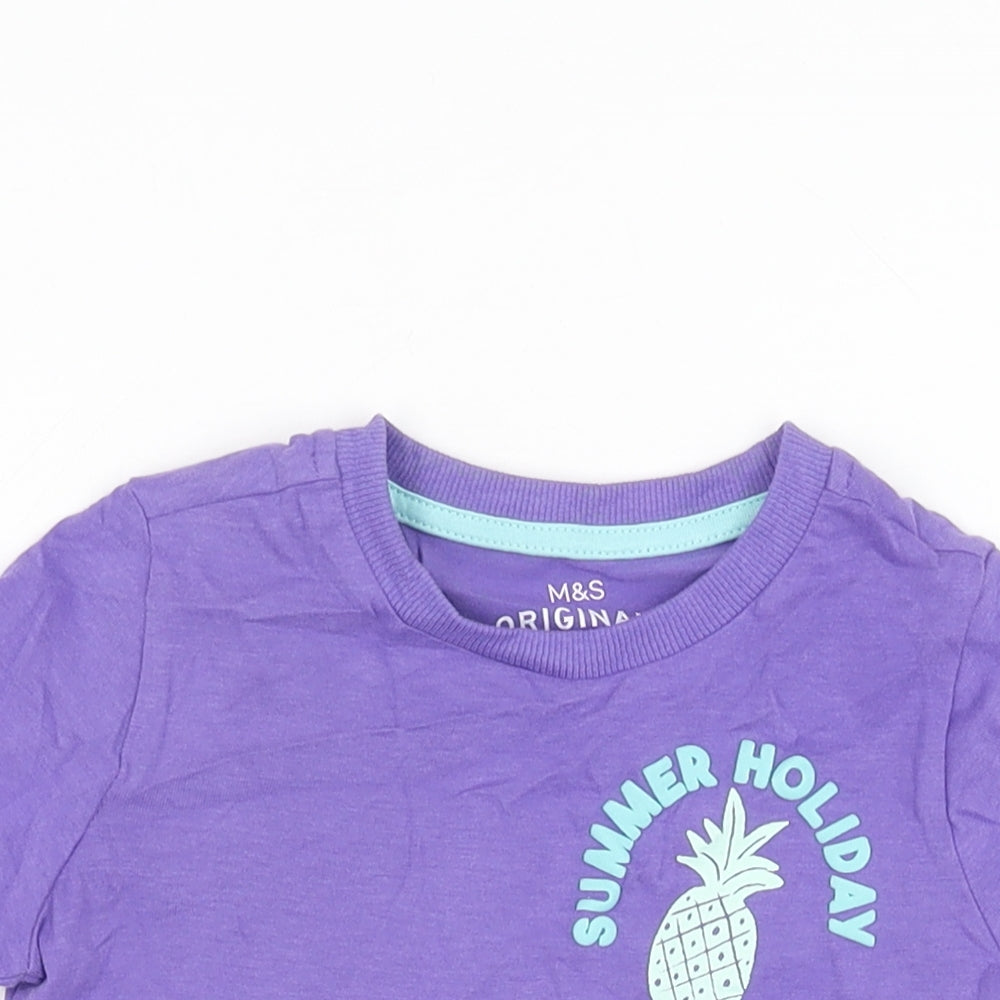 Marks and Spencer Girls Purple Cotton Basic T-Shirt Size 3-4 Years Round Neck Pullover - Summer Holiday, Pineapple