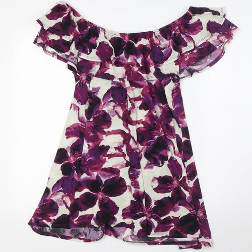 Grace Womens Purple Floral Polyester Basic Blouse Size 20 Off the Shoulder - Ruffles