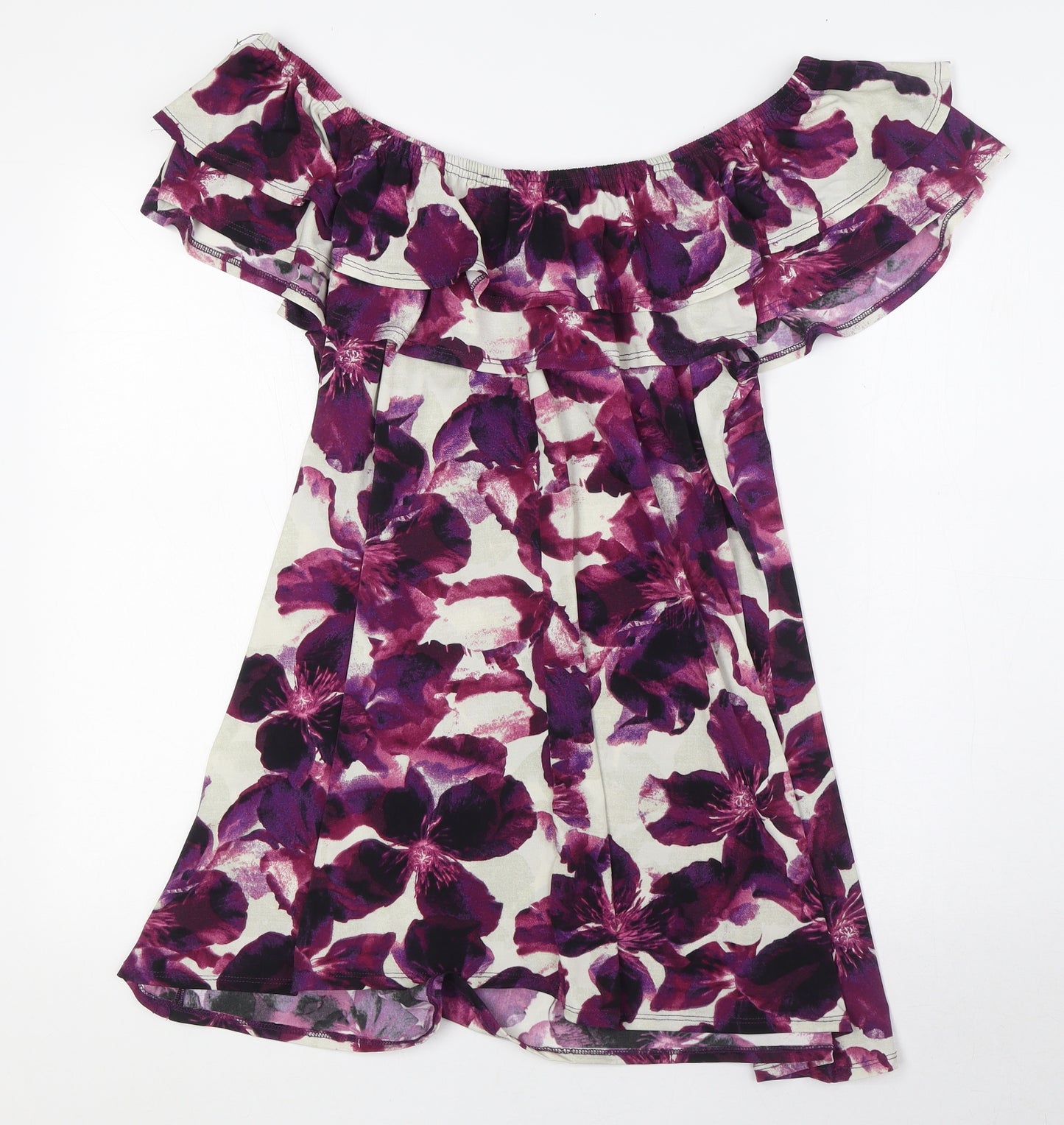 Grace Womens Purple Floral Polyester Basic Blouse Size 20 Off the Shoulder - Ruffles